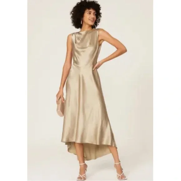 slim fit dress slacks Saloni Women's Michelle Satin Halterneck Dress - Palladium Gold Black main image 1